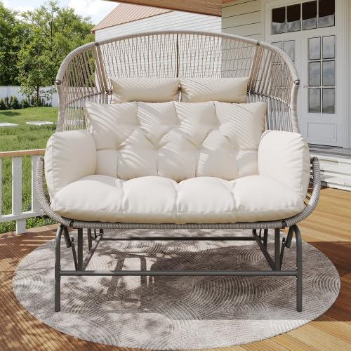 Merax Garden Rocking Chair for Two, Outdoor Patio Swing Egg Chair, Rattan Double Rocking Chair with Cushions, Porch Swing for Garden, Balcony, or Terrace, Gray