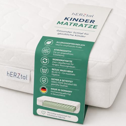 hERZtal Kindermatratze 90x200 & weitere Größen – Kaltschaummatratze Kinder & Babymatratze – 13 cm Komfortschaum – 7-Zonen ab 90 cm – Oeko-TEX® – Bezug bis 60°C waschbar – Made in Germany (120x200)