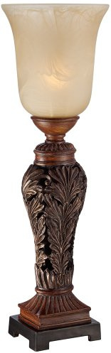 Regency Hill Traditional Accent Table Lamp 24 High Double Bronze Brown Carved Leaf Uplight Alabaster Glass Shade for Bedroom Living Room Nightstand Bedside Night Stand Office Kids Room