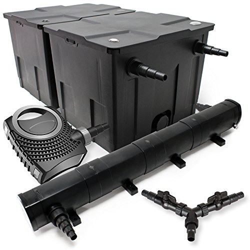 SunSun Komplettset: CBF-350B Teichfilter bis 60000 L Teichfilteranlage als Durchlauffilter, CTF-8000 SuperECO Teichpumpe 8000l/h 70W, CUV-272 Teichklärer UVC Klärer mit 72W, Y-Verteiler