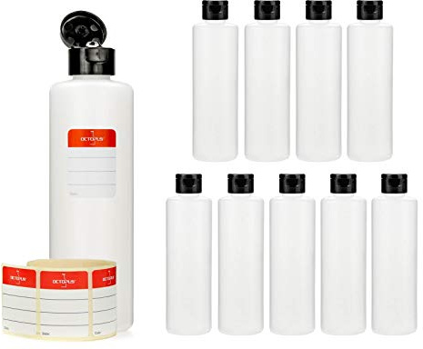 Octopus 10 Dosierflaschen à 250 ml aus HDPE mit Klappverschluss schwarz | Für Öle, Farben, Reinigungs- und Werkstattflüssigkeiten, für Serienabfüllung und sauberes Portionieren größerer Mengen