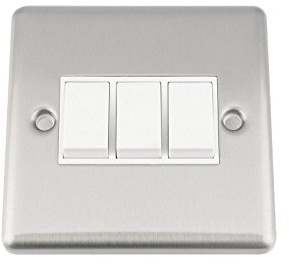 A5 Light Switch - Triple 3 Gang 2 Way - Satin Brushed Chrome - Classic Style White Insert Plastic Rocker Switch