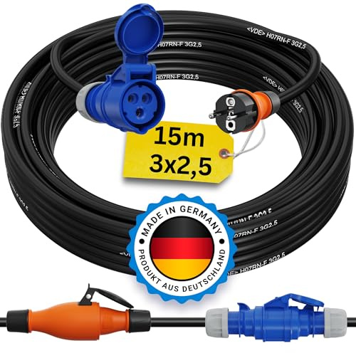 Schuko auf CEE Adapter 15m Camping Stromkabel PCE H07RN-F 3x2,5 Landstromkabel Wohnmobil Wohnwagen Kabel Camping Adapter 15 Meter Strom Verlängerungskabel CEE-Stecker Campingstecker