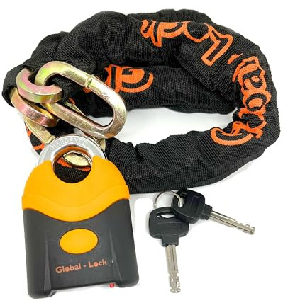 GLOBAL LOCK - Candado Moto Antirrobo Cadena con Candado Bicicleta | Alta Seguridad | Acero Endurecido ø13 mm | Doble Cierre | Resistente a Lluvia | Cerradura Anti-Taladro |Anclaje Garaje Moto (150 cm)