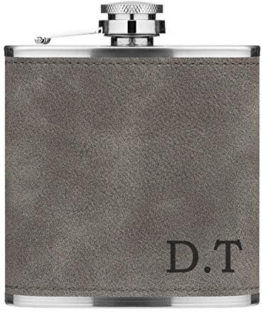 Personalised 6oz PU Leather Hip Flask Grey Custom Initials Premium Quality
