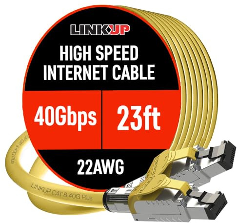 LINKUP - [GHMT & DSX8000 Certificado Cable de Conexión Ethernet Cat8 S/FTP 22AWG Cable Sólido Blindado Doble┃2000MHz 2GHz 40Gbps┃5ª Gen Ethernet LAN Red Cables de Estructura┃Amarillo┃7m (23 pies)