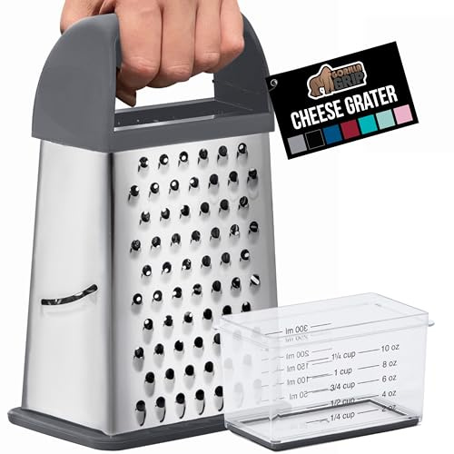 Gorilla Grip 4-Sided 100% BPA-Free Cheese Grater With Container, Stainless Steel XL Box Graters, Parmesan Shredder, Grate Cheeses, Shred Veggies, Slip Resistant Handle, Dishwasher Safe Zester, Gray