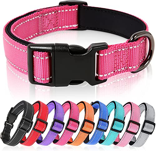 HEELE Hundehalsband, weich gepolstertes Neopren Nylon Hunde Halsband für kleine mittlere große Hunde und Welpen, verstellbare und reflektierende Halsband Hund für Training, Rosa, M | Weich Gepolstertes Neopren Nylon Hunde Halsband, Verstellbare, Reflektierende, Läng Einstellbereich 34-52cm