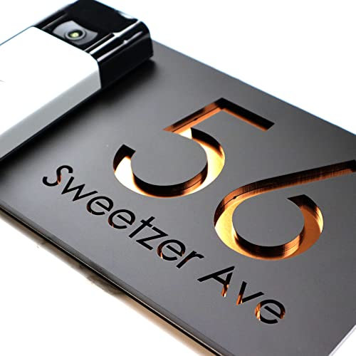 K Smart Sign | Bellissima Video Doorbell house sign for Nest Ring Wifi door bell | Matt Black - Copper Mirror | Contemporary | 300mm x 160mm