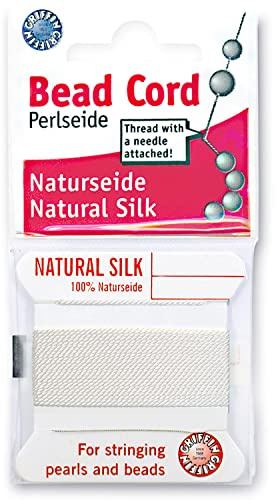 Griffin Silk Bead Cord Perlseide | White, Size 3 (0.50mm), 2 Meters per Card, Stainless Steel Needle Attached, for Knotting Pearls, Gemstones, Crystals & Beads