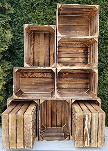 PYXIDAS Cassette in Legno Naturale o Effetto Bruciato 40x30x25 cm – Set Portafrutta Decorativo e Contenitore – Robuste, Pulite, Pronte all’Uso per Casa, Cucina o Arredo Rustico(Effetto Bruciato, 12)