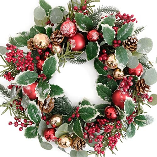 Corona de pino de eucalipto irrompible de 18 pulgadas para puerta delantera, guirnalda de bayas de acebo verde y rojo, corona de Navidad para decoración del hogar con bolas de Navidad