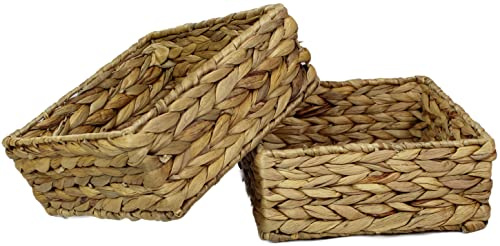 Small Square Water Hyacinth Storage Basket – Natural Wicker Shelf Organiser for Bathroom, Makeup & Jewellery (Large 22cm, 2 x Basket)