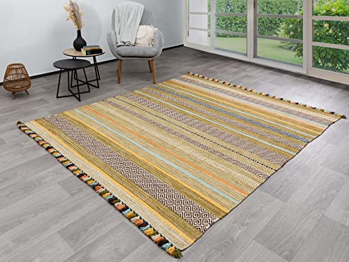 Steffensmeier Handwebteppich Turbat | Antistatisch | 100% Baumwolle | Grün, handgewebt, Größe: 130x230 cm