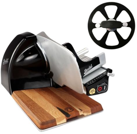 Berkel Aufschnittmaschine – Schneidemaschine Home Line 250 Plus in schwarz – Neues Modell + 100% handgefertigtes Schneidebrett Unikat