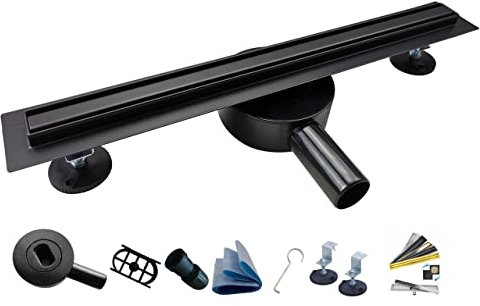 AQUA HEATING Schmaler linearer Edelstahl-Bodenablauf 20mm breit, Duschablauf 360° drehbarer Siphon Komplettset Badezimmer bodengleiche Dusche, Duschrinne Ablaufgarnitur-Set Rost 100cm schwarz matt