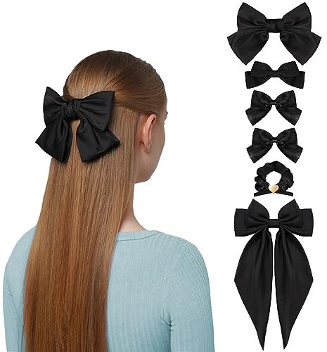 Black Hair Bow, 6PCS Hair Bows for Women, Black Hair Clips Oversized Ribbon Bowknot Hairclip Soft Silky Satin Black Bows Long Tail Hairbows Clips French Barrette Hair Accessories Gift for Women