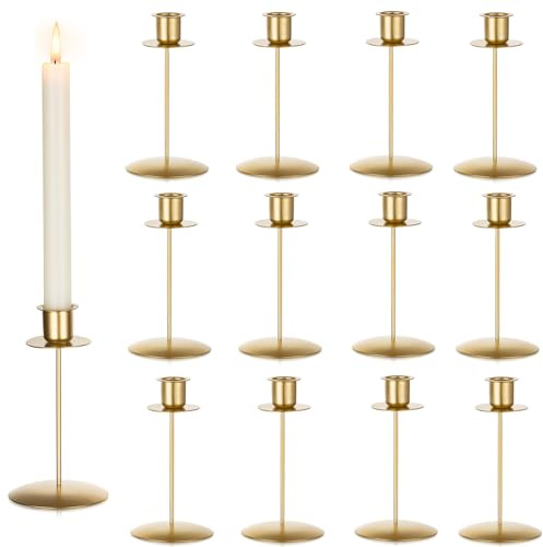 Romadedi Kerzenständer für Stabkerzen aus Metall, 12er-Pack, Gold | Kompaktes 12er-Set; Goldfarbenes Metall; Für Hochzeiten, Advent und festliche Tischarrangements