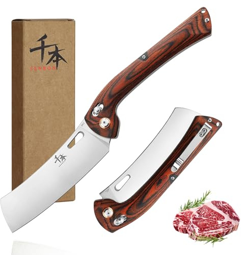 SENBON 440a Inoxydable Tranchant Pliant Couteau de Chef - Éplucher, Utilitaire, à Fruits - Manche en Bois Coloré - Camping, Barbecue, Extérieur - Clip Arrière - Portable