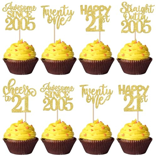 SYKYCTCY 30 Pack Happy 21st Birthday Cupcake Toppers Straight Outta 2005 Twenty-one Awesome Since 2005 Cupcake Picks 21 Fabulous Cake Decorations for 21st Birthday Wedding Anniversary Party Gold