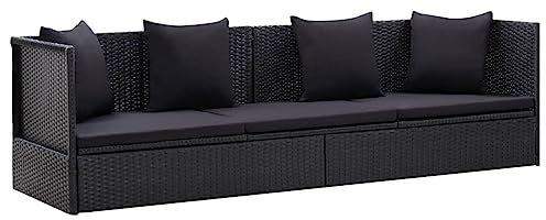 Hommdiy Garten-Sofabett mit Kissen Gartensofa Gartenmöbel Gartenliege Loungebett Outdoor Tagesbett Sofa Garten Schlafsofa Sofa Poly Rattan Schwarz
