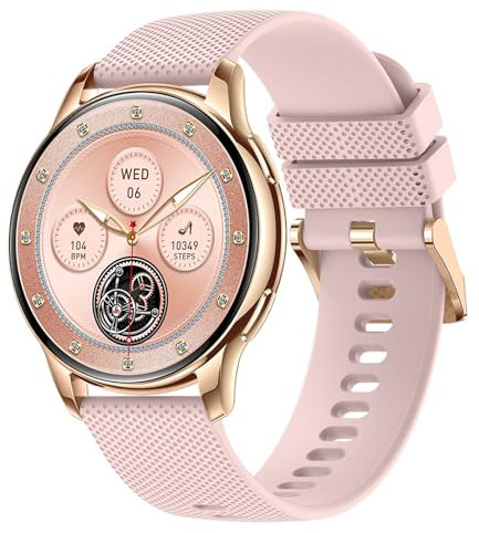 QESTO Kmccd Inteligente Mujer, 1.35 pulgadas AMOLED Smartwatch Militar con Llamadas Bluetooth, Pulsómetro Presión Arterial, SpO2, Monito de Sueño, IP68 Podómetro Kmccd Android iOS, Rosa