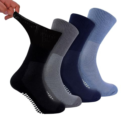 Dr.Socks 4 Pack Bamboo Diabetic Socks with Grips | Mens & Ladies | Extra Wide Slipper Socks for Swollen Feet & Legs (9-11, BNG)