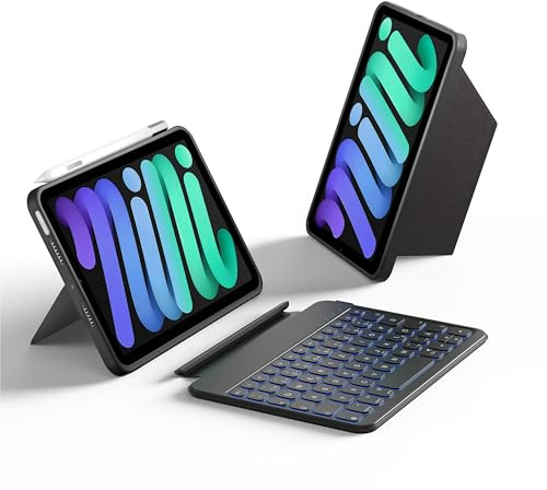 HOU abnehmbare Tastaturhülle für iPad mini 7./6. Generation, Schwarz | 156° verstellbarer Ständer,abnehmbare Vollschutz-Hülle,11 Kurztasten,7-farbige Hintergrundbeleuchtung, Silikon-PU,Bluetooth