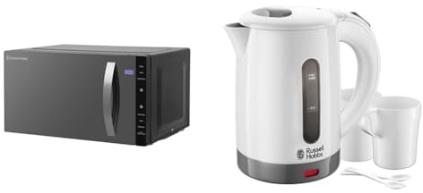Russell Hobbs RHFM2363B 23 L 800 W Black Digital Flatbed Solo Freestanding Microwave & Electric 0.85L Travel Kettle, Small & Compact, Dual voltage, Ideal for abroad/caravan