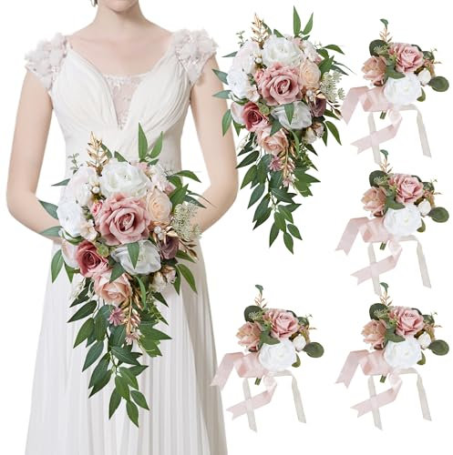 WEDFLOR Hochzeitssträuße für Braut und 4 Brautjungfern (5 Stück) – 1 x 50,8 cm Brautstrauß mit 4 x 20,3 cm Brautjungfernsträuße künstliche Blumen für Hochzeit, Zeremonie, Jahrestag, Heimkehr (Altrosa)