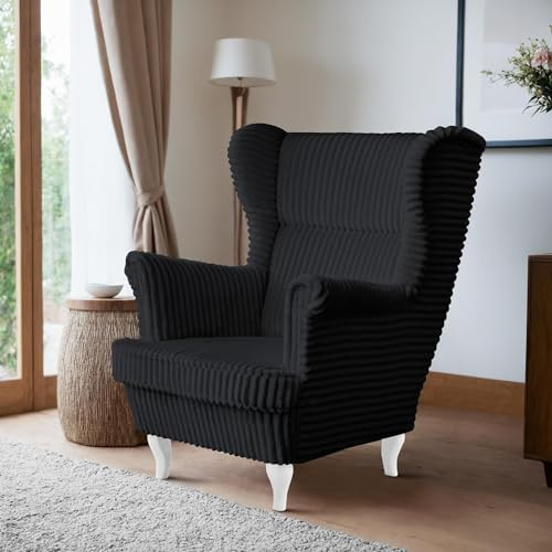 BEAUTY SOFA - Felix Sessel - Ohrensessel - Relaxsessel mit Armlehnen - Fernsehsessel - Polstersessel - für Wohnzimmer, Schlafzimmer - Sessel Wohnzimmer - Schwarz (Tilia 100), Beine Weiß