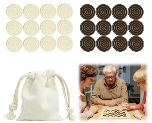 SMCEHEYA Draughts Set 24 Pcs Checkers with Drawstring Bag for Board Game | Solid Wooden Board Game Pieces, Stackable Checkers, 12 White/12 Brown