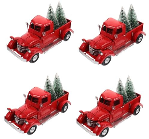 Cabilock 4 Piezas camión Rojo Retro centros de Mesa de Navidad camion de Navidad Adorno de Navidad maqueta camion Christmas Tree Coche de Metal Artesanal Adorno de camión Rojo Planchar