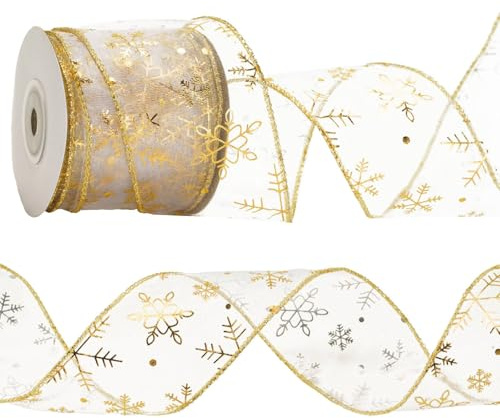KINGLAKE 10M Geschenkband mit Draht Gold, Schneeflocke Organzaband, Weihnachtenband 6.3cm, Schleifenband Breit, Drahtband Glitzer, Band für Dekoratives Geschenk, Kranz, Handwerk, Weihnacht