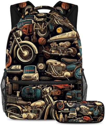 Retro-Motorrad-Thema, 2-teiliges Schulranzen-Set für Kinder, Schulreiserucksack und Federmäppchen, Retro-Motorrad-Design, Größe L