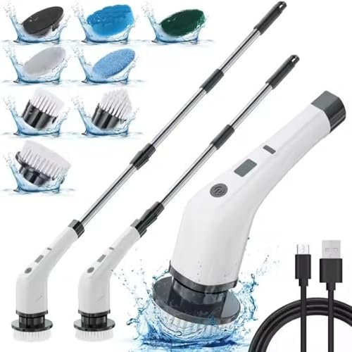 Brosse de Nettoyage Électrique [Go-Brico] Puissante Rotative Maison Salle de bain Cuisine Carrelage Sol Voiture Jantes Tapis Moto Bateau - Têtes Interchangeables Vitesse Réglable Batterie Rechargeable