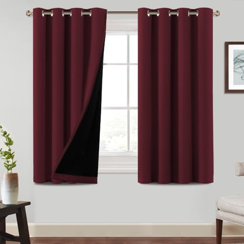 BellaHills 100% Gardine Blickdicht Ösenvorhang 2er Set Gardinen Wohnzimmer Modern Thermovorhang Verdunkelungsvorhänge H145xB140 cm, Burgundisch