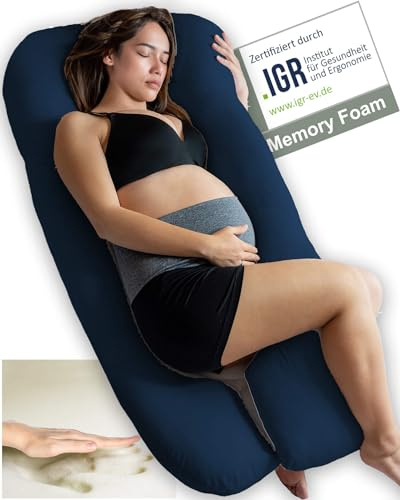 Traumreiter Seitenschläferkissen Visco M mit Bezug Marine Blau. Hybrid Kissen + 1cm Memory Foam. U Form Schwangerschaftskissen Gel Body Pillow Komfortkissen Erwachsene, Ergonomie Zertifiziert