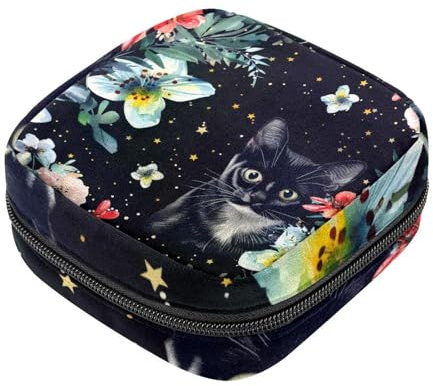 Aufbewahrungsbeutel für Damenbinden, Blumen, schwarze Katze, Oxford-Stoff, Menstruationstassen-Beutel, Stillunterlage, Tampon-Periodenbeutel mit Reißverschluss, für Teenager, Mädchen, Damen