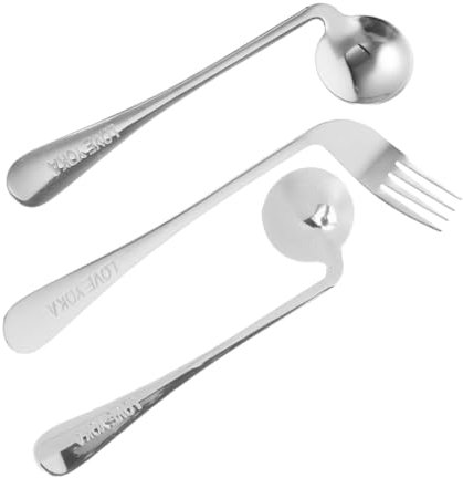 FELTECHELECTR Left-handed Angled Spoon and Curved Fork Set for Elderly Patients, 3pcs Self-feeding Tableware Auxiliary Spoon for Disabled and Stroke Aid