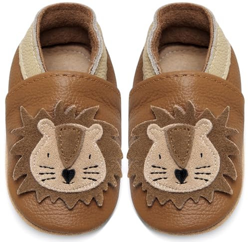 IceUnicorn Krabbelschuhe Baby Lauflernschuhe Jungen Weiche Leder Babyschuhe Kleinkind Lederschuhe mädchen Babyhausschuhe(Gelbbrauner Löwe,6-12)