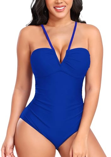 NLAND Bañadores Mujer Cuello en V Trajes de Baño una Pieza para Mujer Correas Espaguetis Push Up Cintura Alta Vientre Plano Sexy Bañador Natacion Monokini,Azul Marino M
