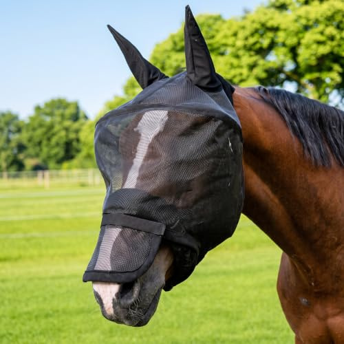 PFIFF 103125 Fliegenmaske Big Eye mit UV-Schutz, Abnehmbarer Nasenschutz, Insektenschutz, atmungsaktiv, Schwarz, Pony