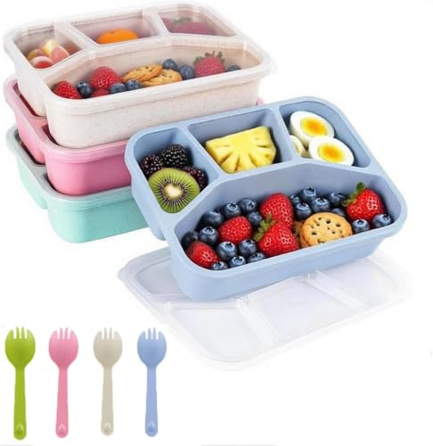 Sivaopa Snack Box, 4 Pack Snackle Box with 4 Compartments, Bento Lunch box with Spoon Fork, Reusable Food Storage Containers with Transparent Lids for Adults and Kids
