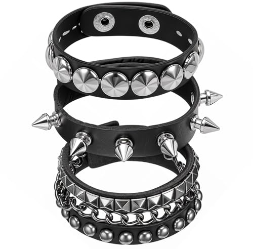 Telooco 3 Pcs Punk Rock Studded Bracelet Set, Leather Spiked Bracelets, 80s Goth Wristband Adjustable Wrap Wrist Cuffs Cool Punk Emo Accessories for Men Women Halloween Party