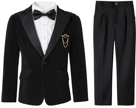 Boys Velvet Tuxedo Suit, 4Pcs Page Boy Wedding Formal Outfit | Kids Prom Party Suits for Boys, Blazer Trousers Shirt Bow Tie Set, Gentleman Smart Wear for Birthday Christmas