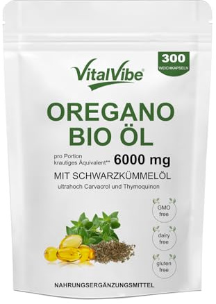 VitalVibe Oregano Öl Kapseln BIO - mit Schwarzkümmelöl - 6000mg Oregano-Öl Unterstützt Gesundheit von Immunsystem & Verdauung,hohem Anteil an Carvacrol und Thymoquinon,Non-GMO (300 Kapseln)