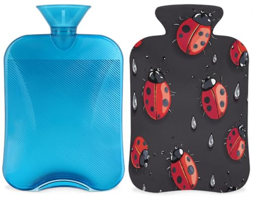 Entemne 2L Hot Water Bottle Ladybug Water Drop Pattern Hot Water Bag with Cover Reusable Therapy Bag for Pain Relief Menstrual Cramps, Muscle Soreness Winter Warmth Gift