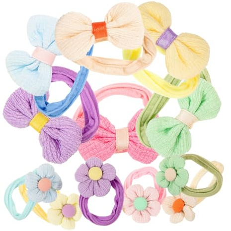 Toyvian 12 Elastische Haargummis für Kleinkinder und Mädchen mit Blumenmuster und Schleife Weiches Stoffmaterial Schonend für Kopfhaut für Geburtstage und Partys
