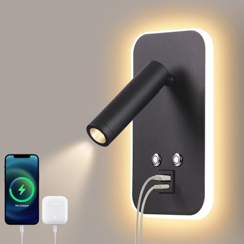AWEKLIY Lámpara de lectura de pared, 3W+7W, lámpara LED de pared con interruptor táctil, regulable y toma de carga USB A+C, 3000K, 320 ° cama giratoria lámpara de lectura dormitorio hotel (Negro)
